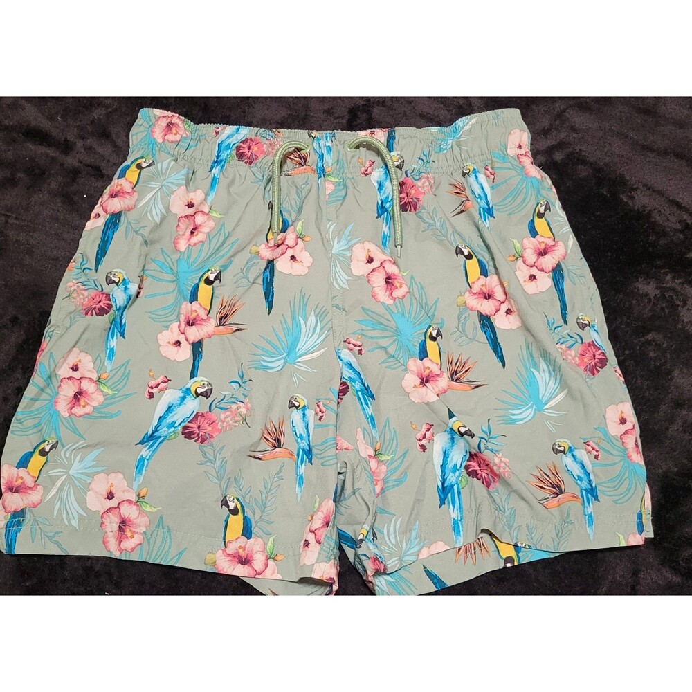 George Men's Swim Trunks Size Medium Green Tropical Floral Mesh Lined Drawstring